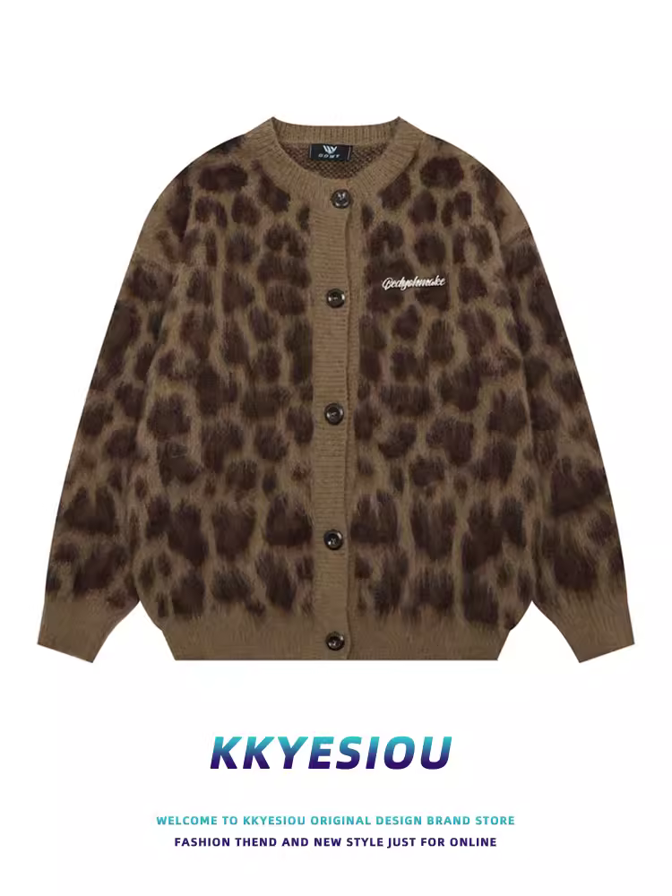 Áo cardigan dệt kim họa tiết da báo cổ điển kiểu Mỹ KKyesiou dành cho nam và nữ, áo khoác cặp đôi cao cấp phong cách lười biếng độc đáo