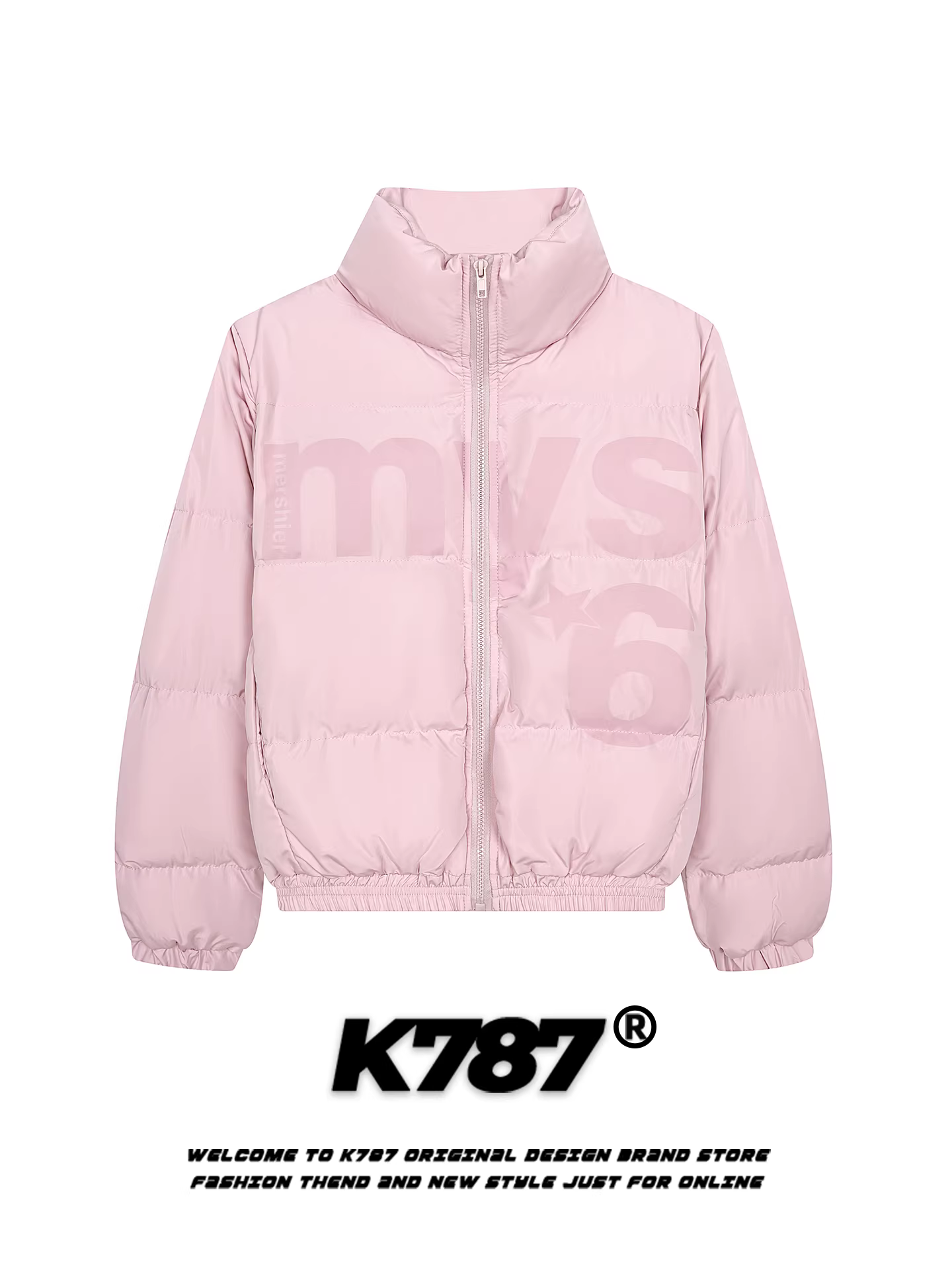 Áo khoác có cổ đứng màu hồng in chữ cổ điển kiểu Mỹ K787 dành cho nữ, áo khoác cotton dành cho cặp đôi, giảm tuổi tác, chần bông, ấm áp.