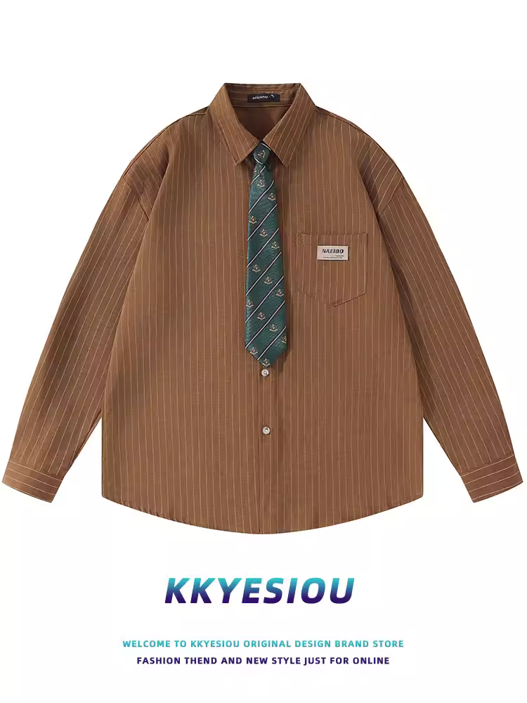 Áo sơ mi dài tay kiểu dáng cổ điển Mỹ, sọc, phong cách đại học, dành cho nam và nữ, thiết kế oversize, áo khoác đôi.