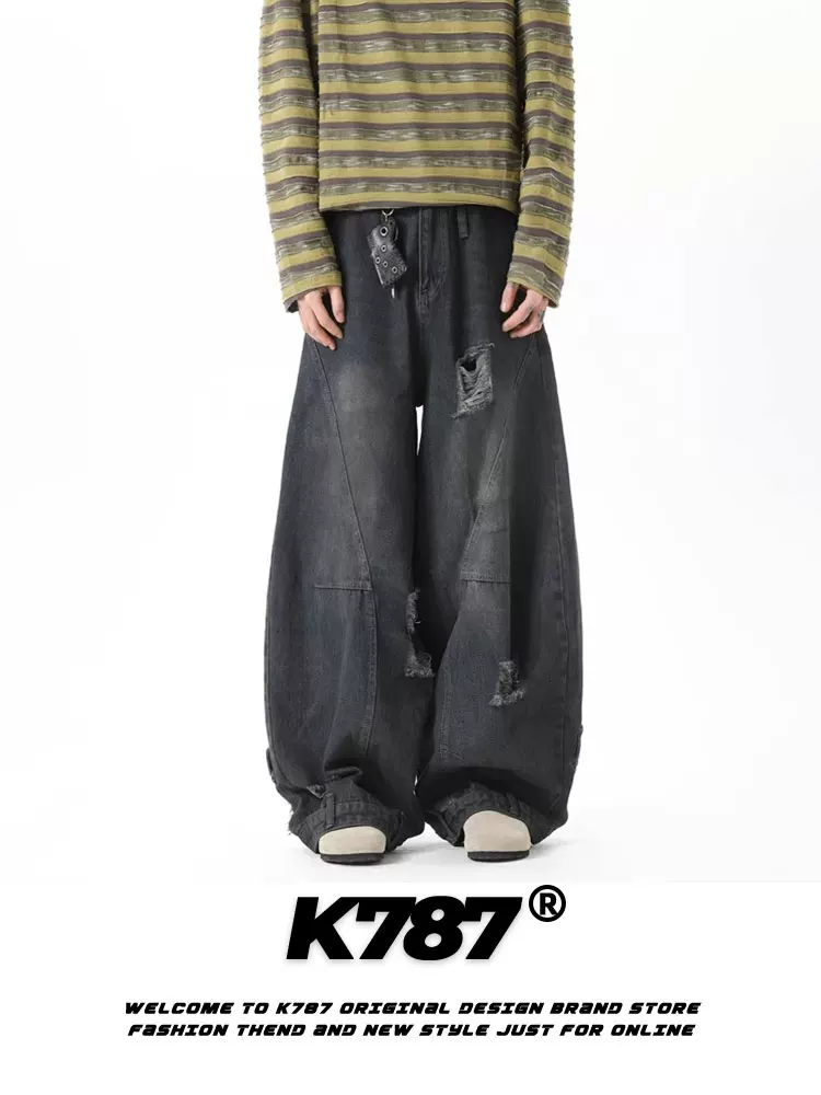 Quần jeans dáng lửng unisex phong cách retro Mỹ, thiết kế phá cách, chất liệu denim cũ, cạp cao, ống rộng, phong cách hip-hop, thường ngày.