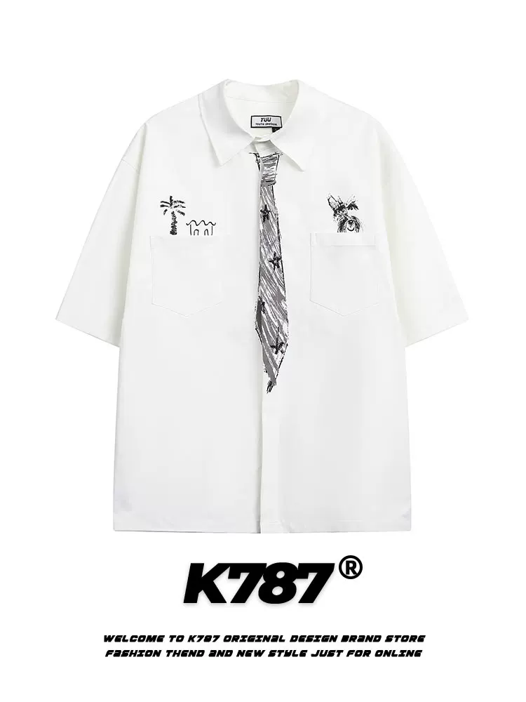 K787 Áo sơ mi ngắn tay cổ giả phong cách retro quốc gia của Mỹ dành cho nam và nữ, áo cardigan nửa tay phong cách đại học vui nhộn và lười biếng cho mùa hè