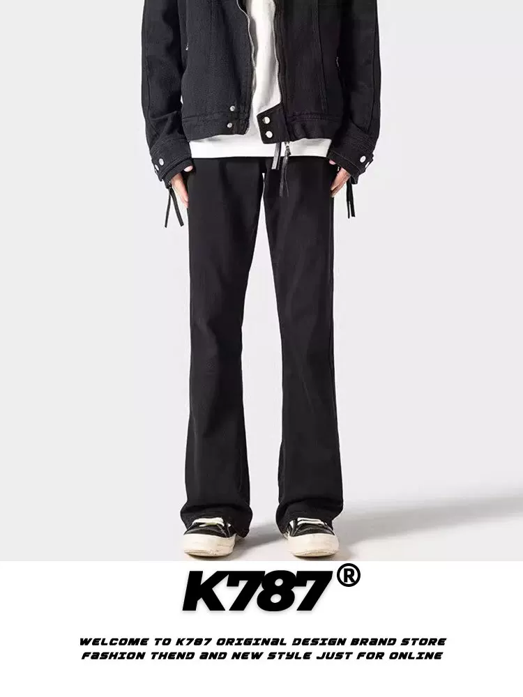 Quần jeans ống loe màu vàng kiểu Mỹ cổ điển K787 dành cho nam, quần ống đứng lưng cao, kiểu dáng đa năng, chất liệu xước, thích hợp đi làm