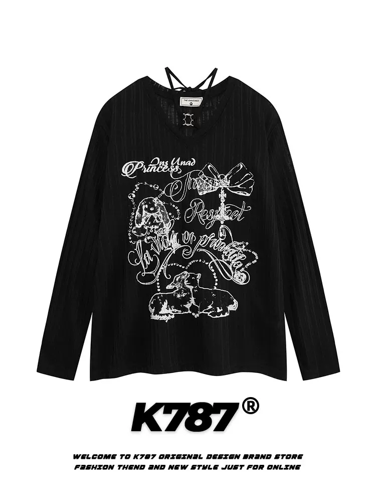 Áo thun kiểu nữ tính K787, thiết kế cổ V buộc dây, phong cách lười biếng, chất liệu ren, kiểu dáng rộng rãi, phong cách retro Mỹ, áo khoác đa năng.