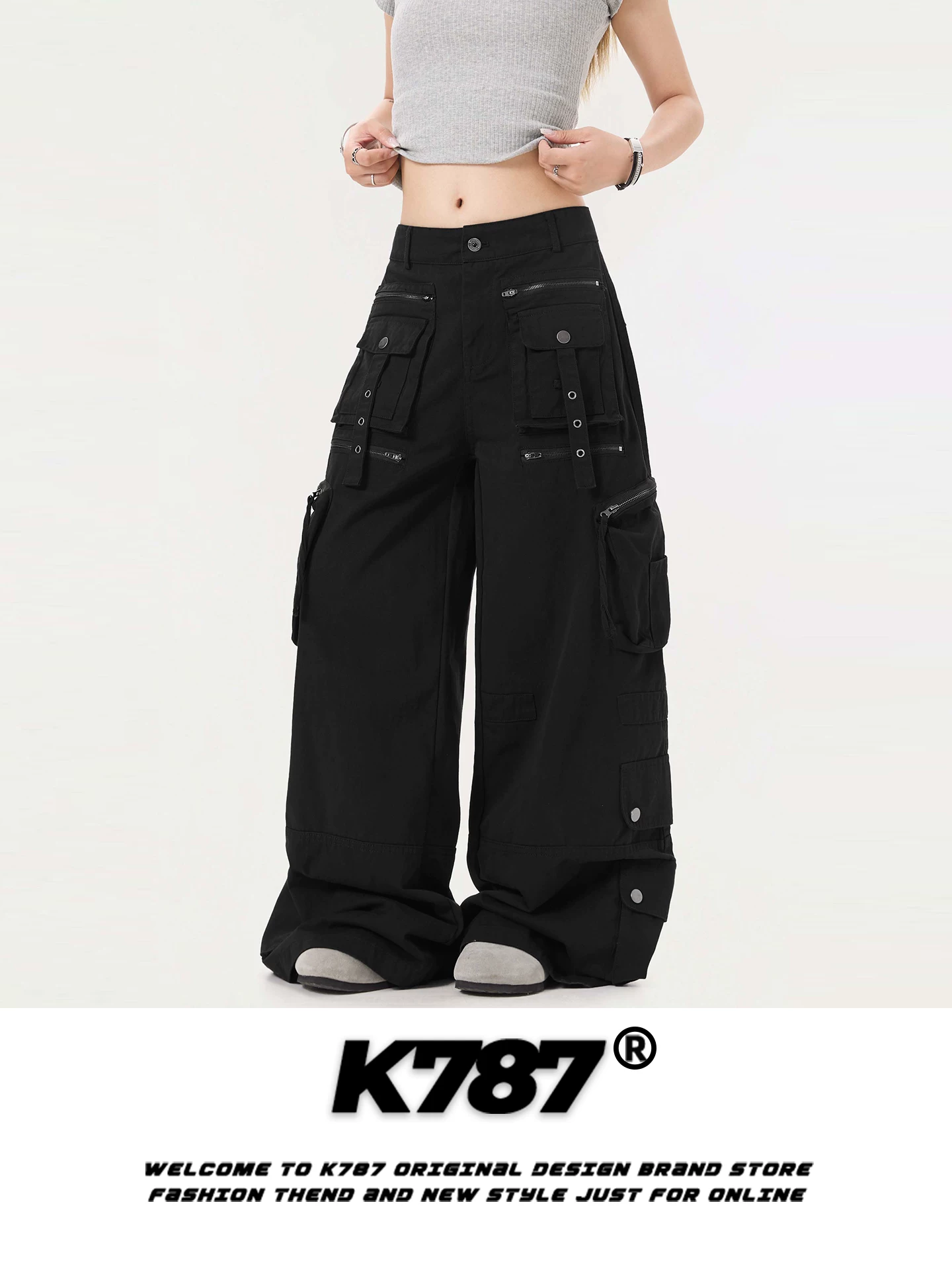 Quần cargo unisex dáng rộng phong cách Mỹ cổ điển, nhiều túi, khóa kéo, thiết kế phá cách, xu hướng quốc tế, phong cách đường phố.