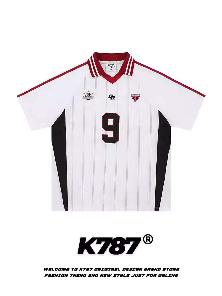 Áo thun ngắn tay kẻ sọc phong cách đường phố Mỹ K787 dành cho nam và nữ, thiết kế áo thể thao dáng rộng và đa năng kiểu POLO