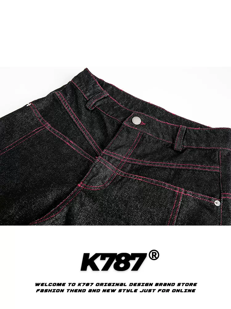 Quần jeans unisex K787 kiểu Mỹ cổ điển phối màu hip-hop, dáng rộng, cạp cao, xu hướng thời trang