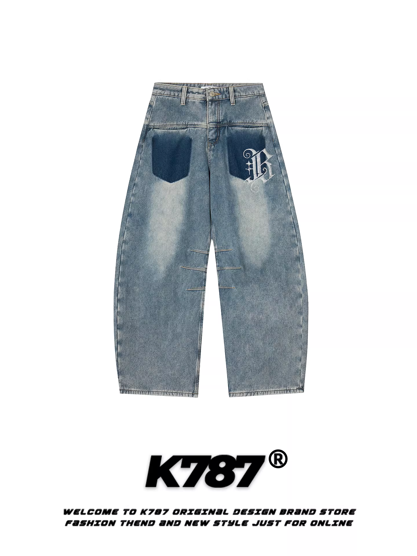 Quần jeans unisex K787 kiểu Mỹ cổ điển, in chữ, rách, dáng rộng, xu hướng thời trang, cạp cao, phong cách đường phố, ống rộng kiểu kiếm.