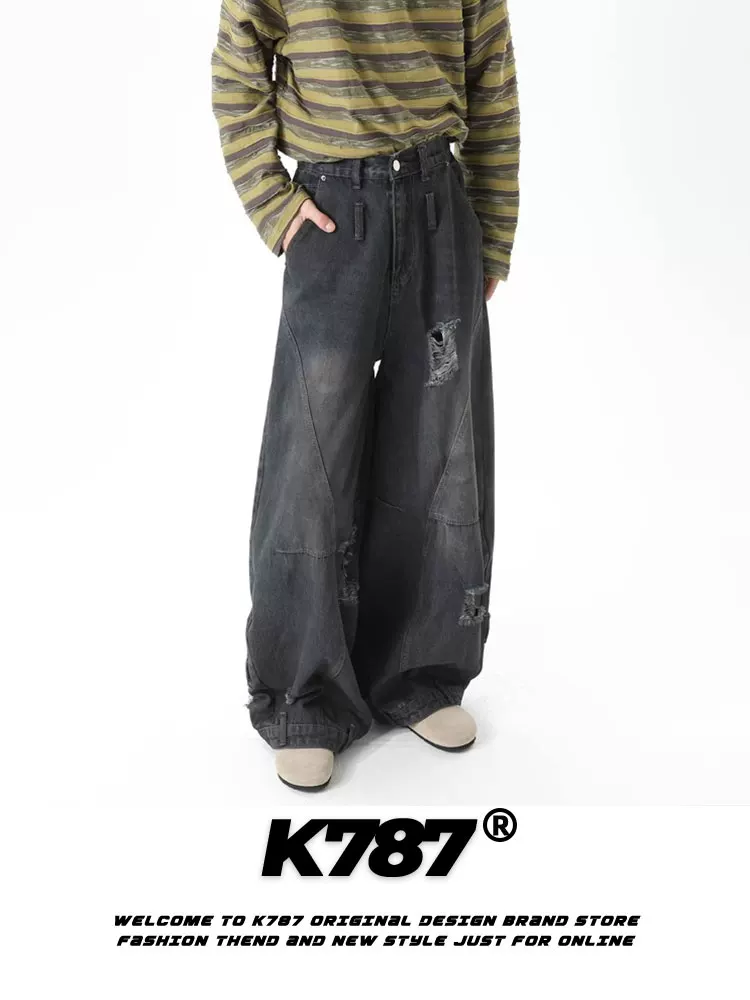Quần jeans dáng lửng unisex phong cách retro Mỹ, thiết kế phá cách, chất liệu denim cũ, cạp cao, ống rộng, phong cách hip-hop, thường ngày.