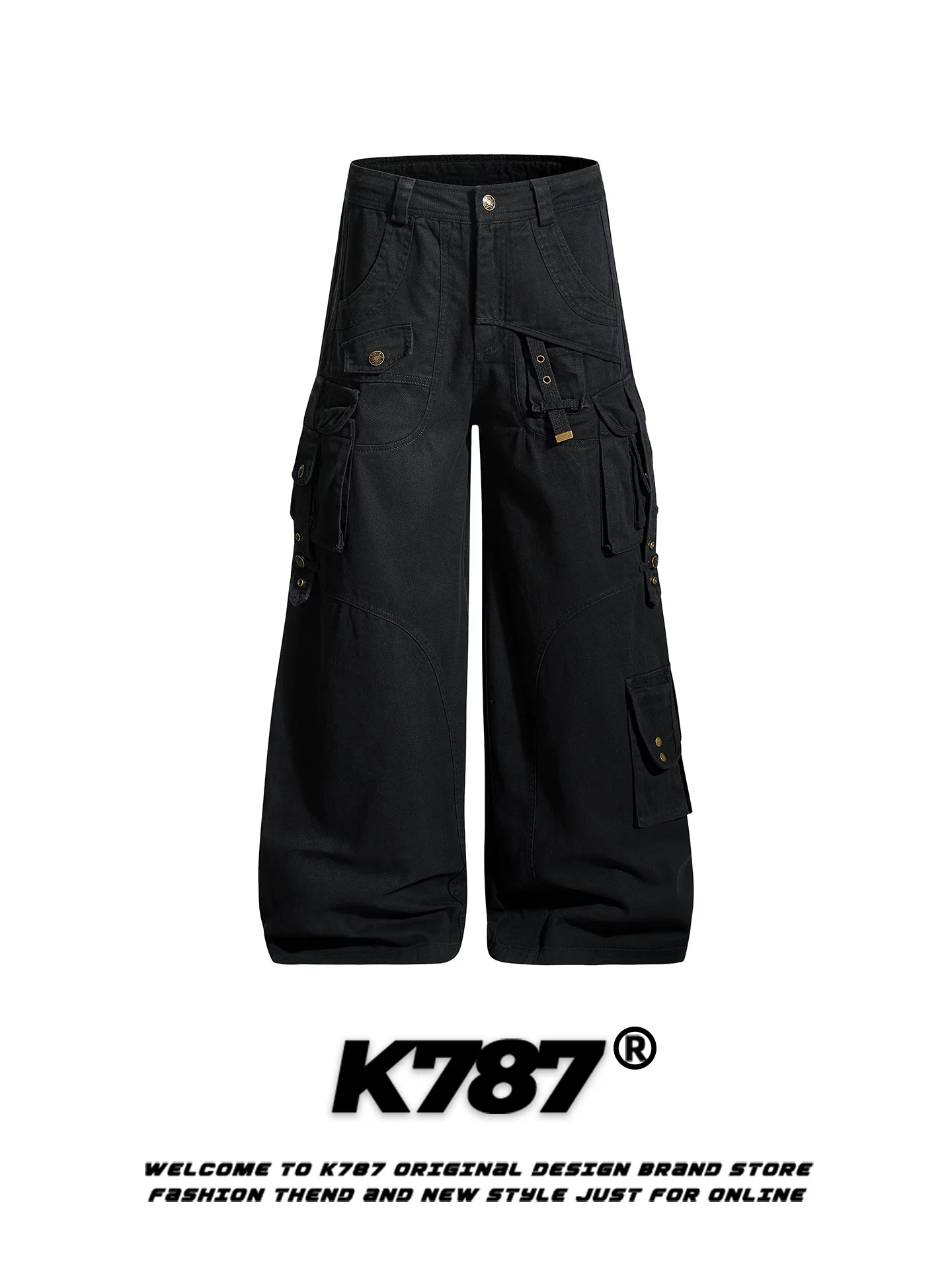 Quần cargo nhiều túi kiểu Mỹ cổ điển K787, unisex, dáng thẳng, chất liệu casual, cạp cao, phối dây, ống rộng, thoải mái