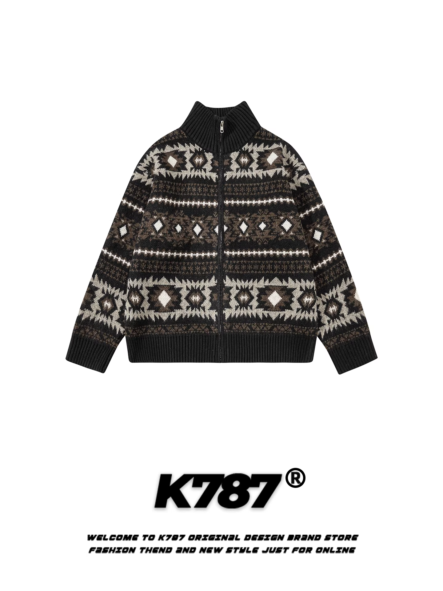 Áo len cardigan jacquard kiểu Mỹ cổ điển K787 dành cho nam và nữ, thương hiệu thời thượng, dáng rộng, ấm áp, áo len cổ đứng dành cho cặp đôi