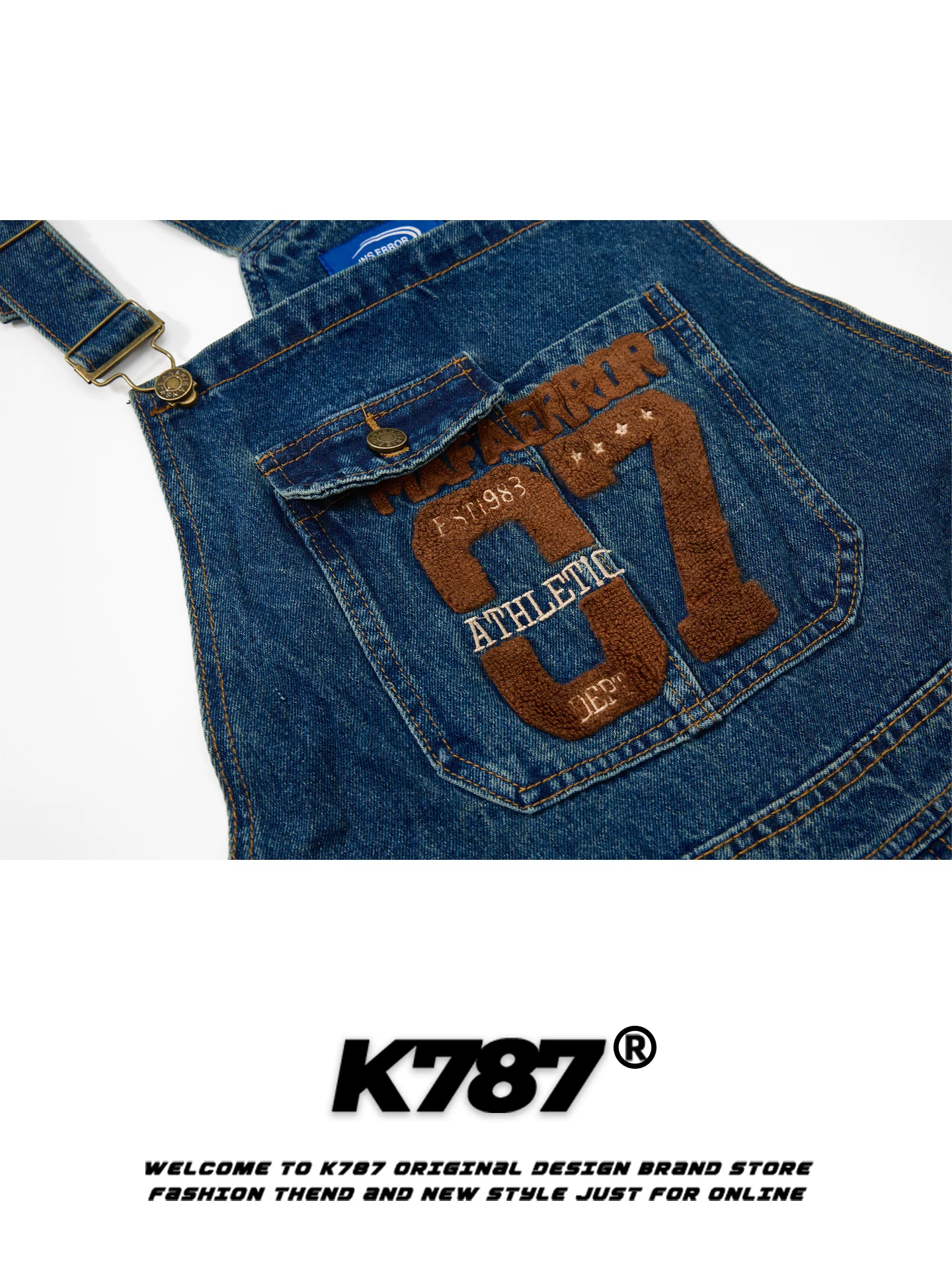 Quần yếm denim thêu kỹ thuật số kiểu Mỹ cổ điển K787 dành cho nam và nữ, kiểu dáng rộng rãi, thoải mái, ống thẳng, màu phai, thời trang