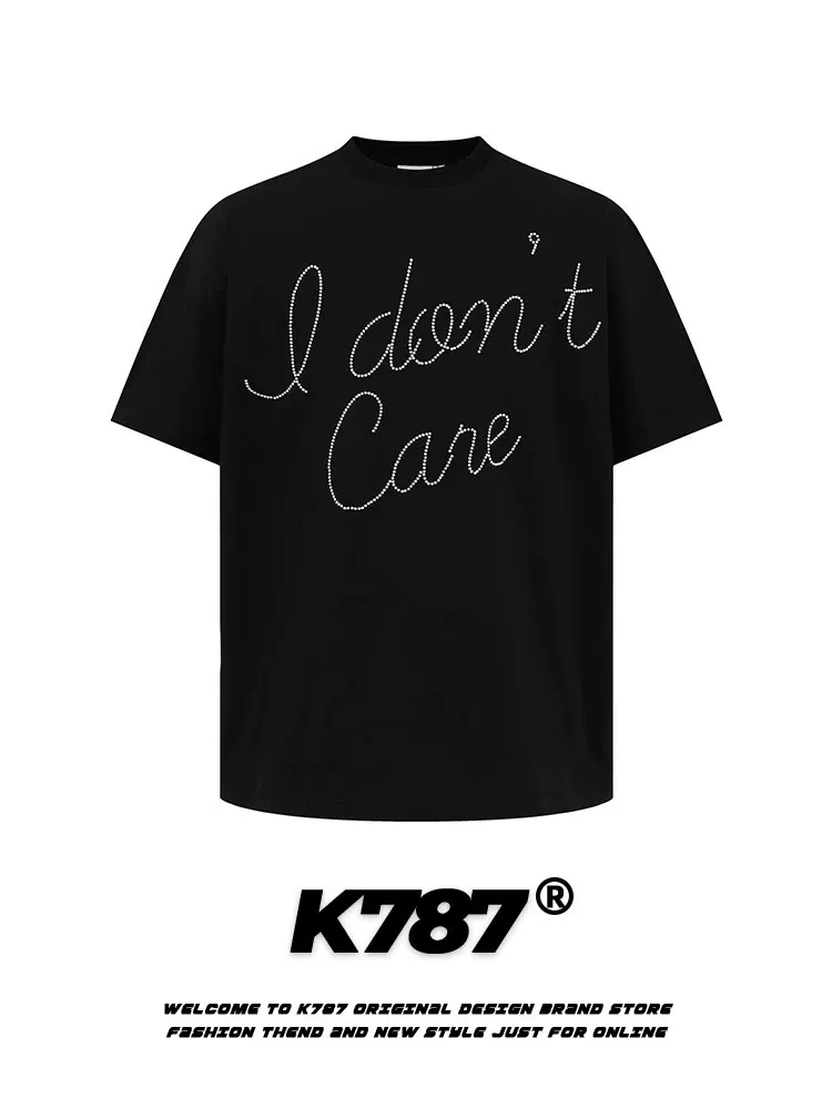 K787 Áo thun ngắn tay phong cách cleanfit kiểu retro đính đá phong cách Mỹ dành cho nam và nữ, áo cặp rộng rãi và đa năng cho mùa hè.