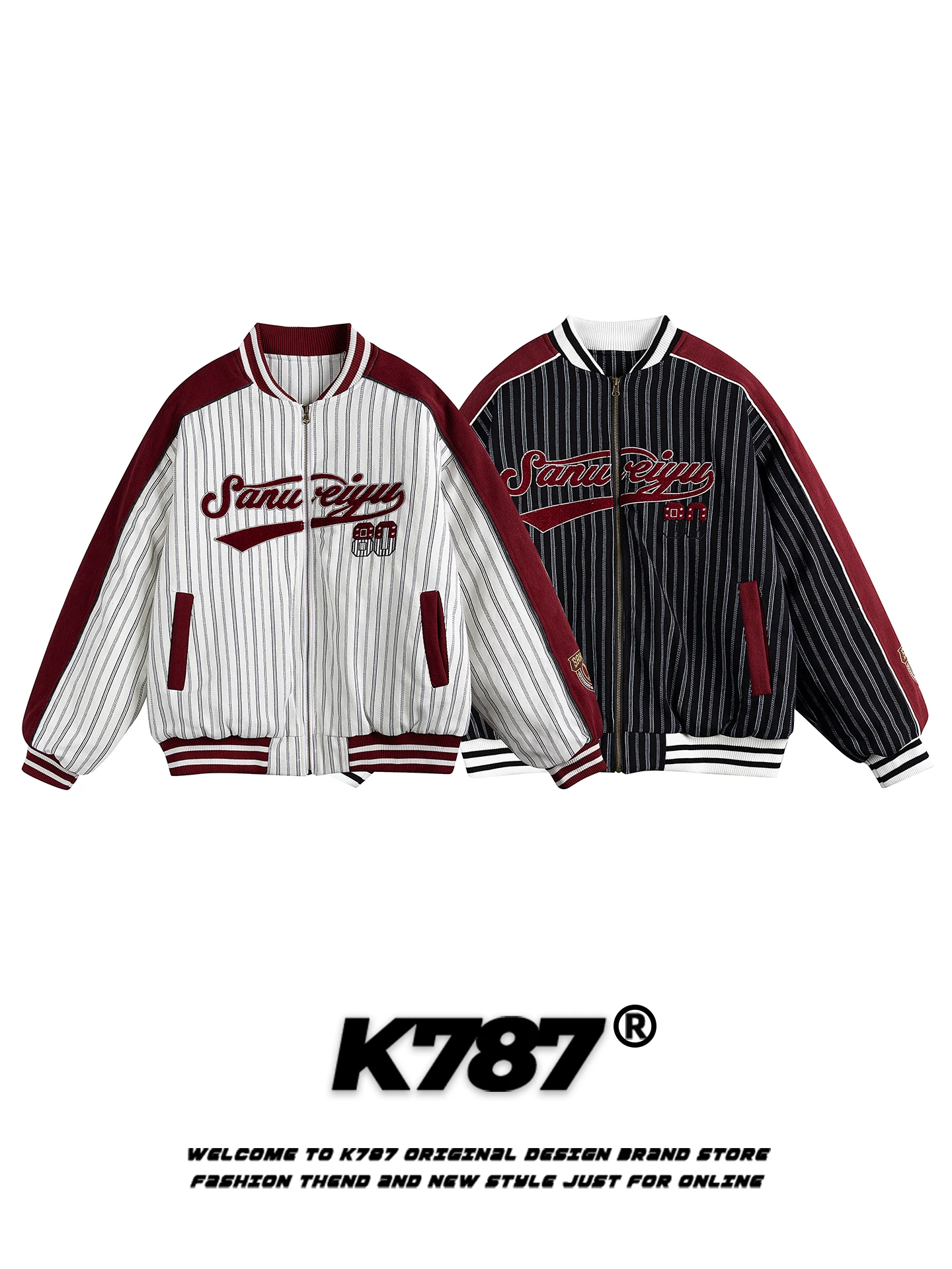 Áo khoác cotton unisex K787 phong cách đường phố Mỹ, thêu chữ, phối màu, sọc, dày dặn, ấm áp, thời trang, dành cho cặp đôi
