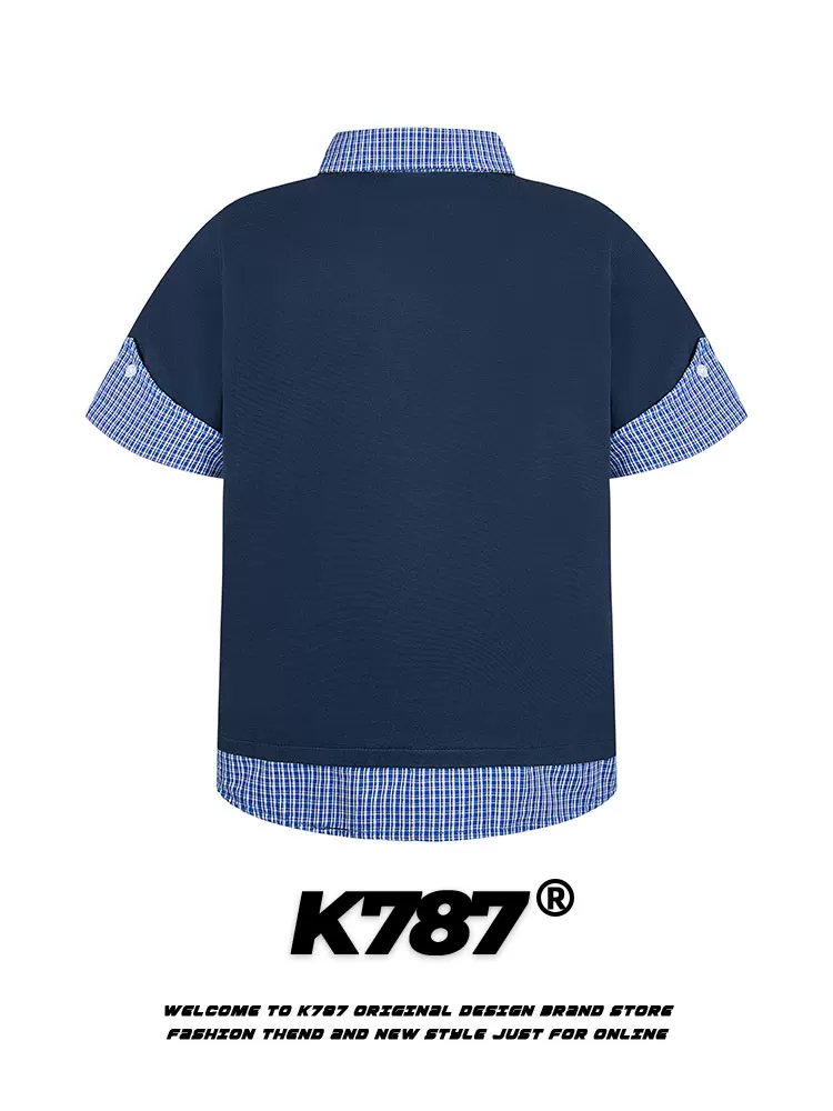 K787 Mỹ retro kẻ sọc giả hai mảnh phong cách đại học áo thun ngắn tay unisex đa năng giản dị áo sơ mi POLO hàng đầu mùa hè