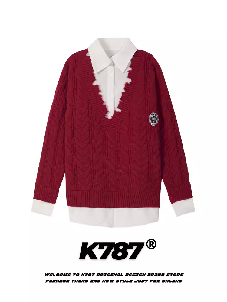 Áo len dệt kim cổ điển giả hai mảnh kiểu Mỹ K787 dành cho nam và nữ, phong cách đại học màu đỏ, áo len mang phong cách cung hoàng đạo