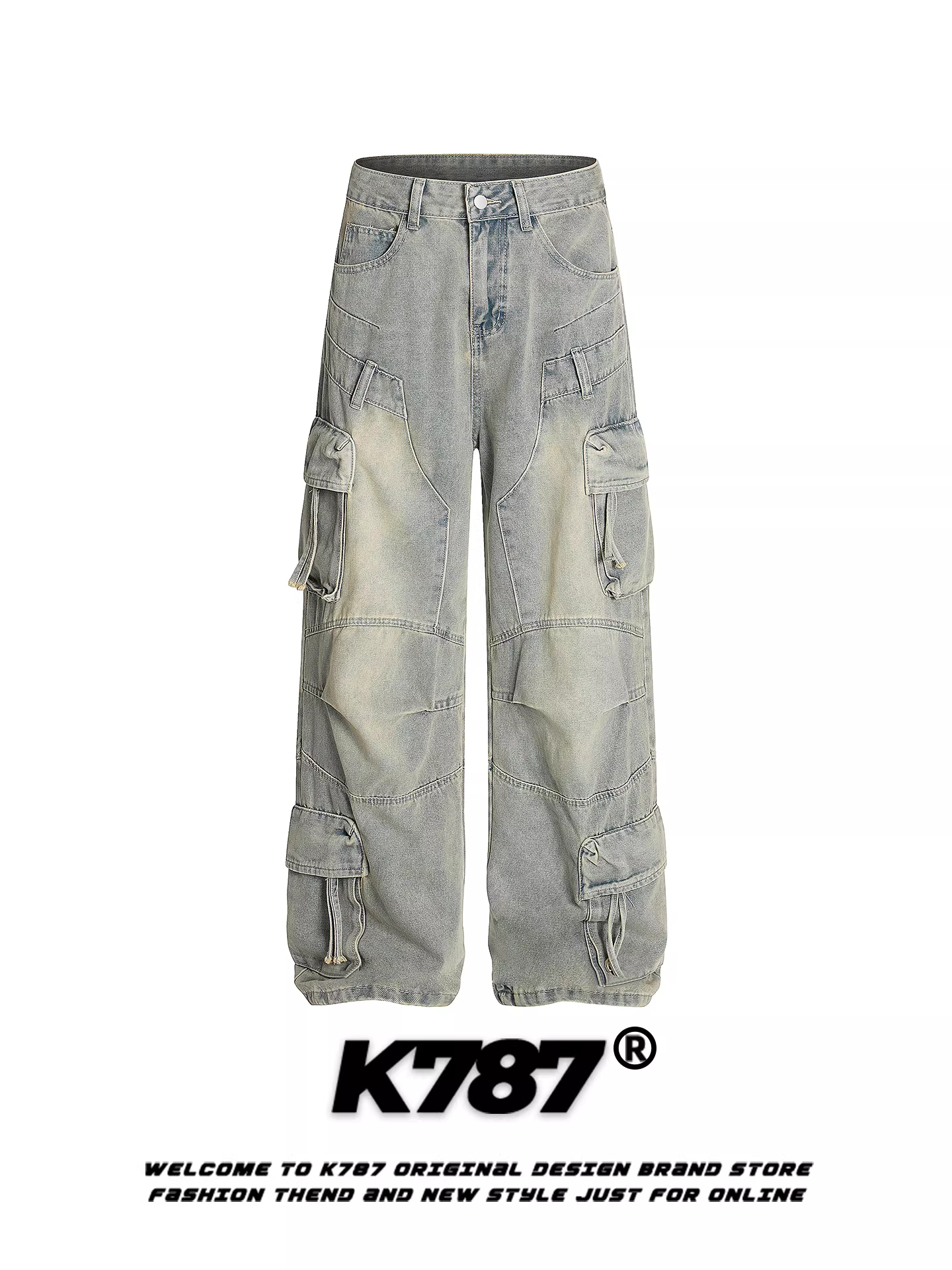 Quần jeans unisex K787 kiểu Mỹ cổ điển, xước, rách, nhiều túi, dáng thẳng, ống rộng, cạp cao, phong cách đường phố