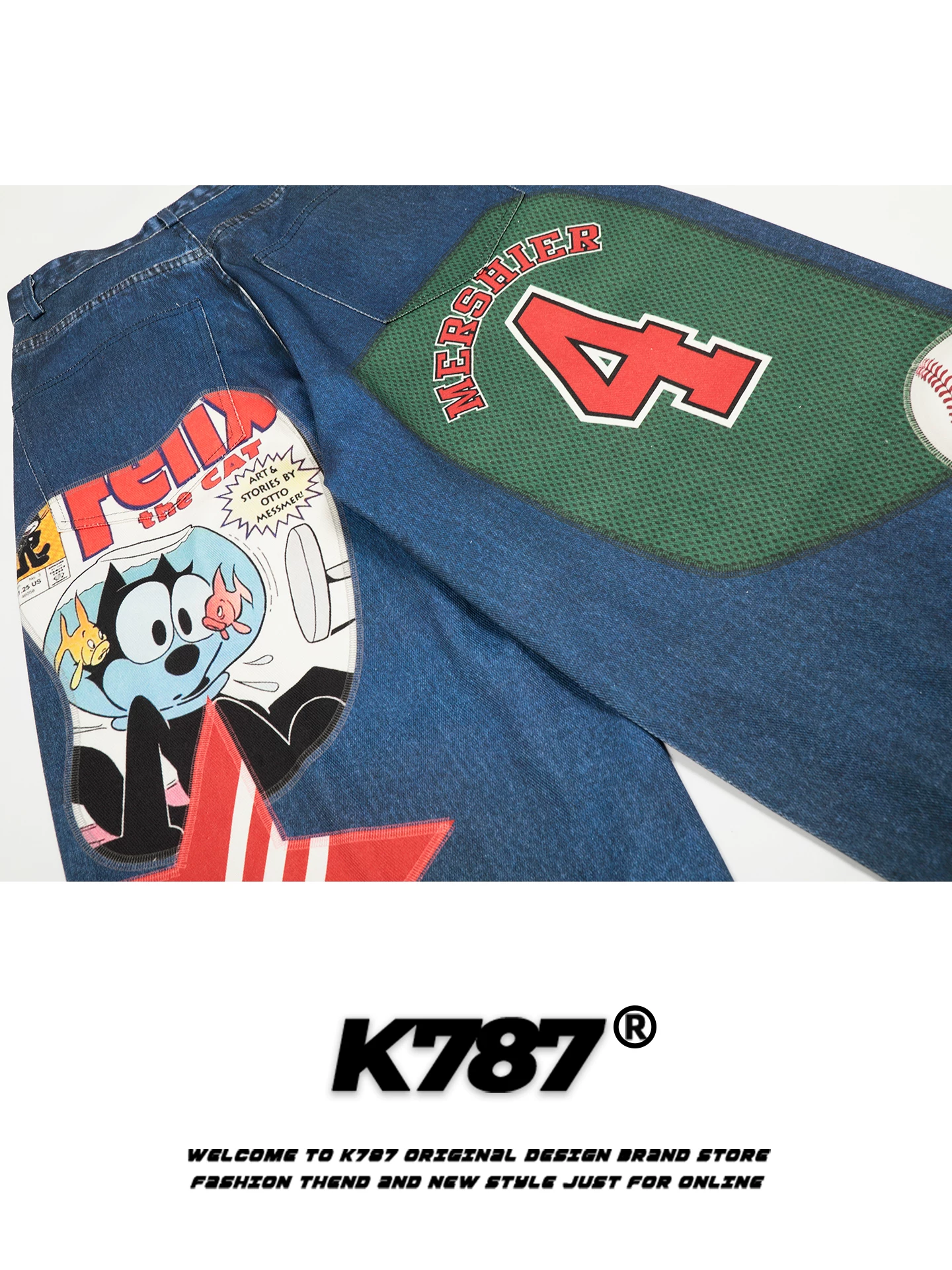 Quần jeans unisex cạp cao phong cách đường phố Mỹ K787, họa tiết chữ graffiti, chất liệu denim, kiểu dáng xu hướng, đa năng, rộng rãi, ống thẳng.