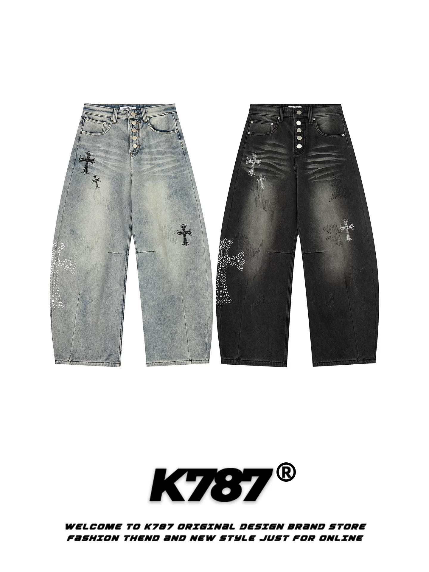 Quần jeans nữ thêu đá kiểu Mỹ cổ điển K787, dáng rộng, phong cách gothic, cạp cao, ống rộng, kiểu dáng thoải mái