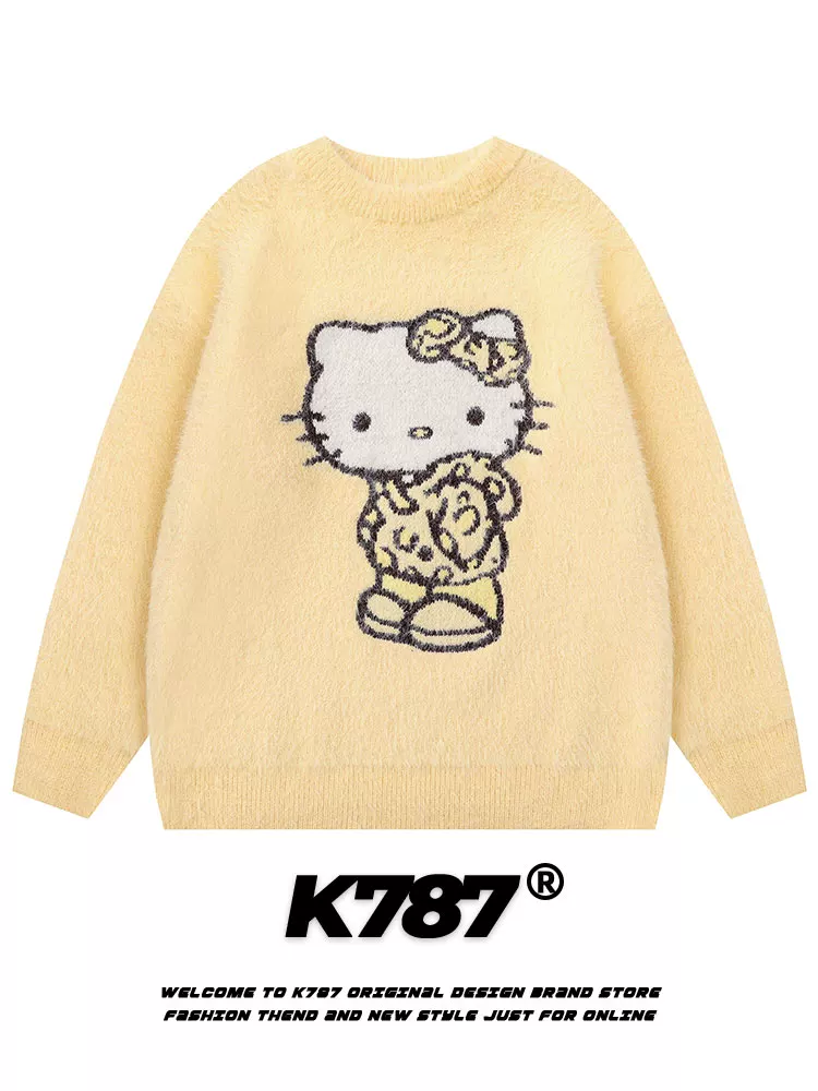 K787 Áo len dệt kim thêu hình Hello Kitty theo phong cách cổ điển Trung Quốc dành cho nam và nữ, áo chui đầu kiểu đại học giản dị màu vàng kem.