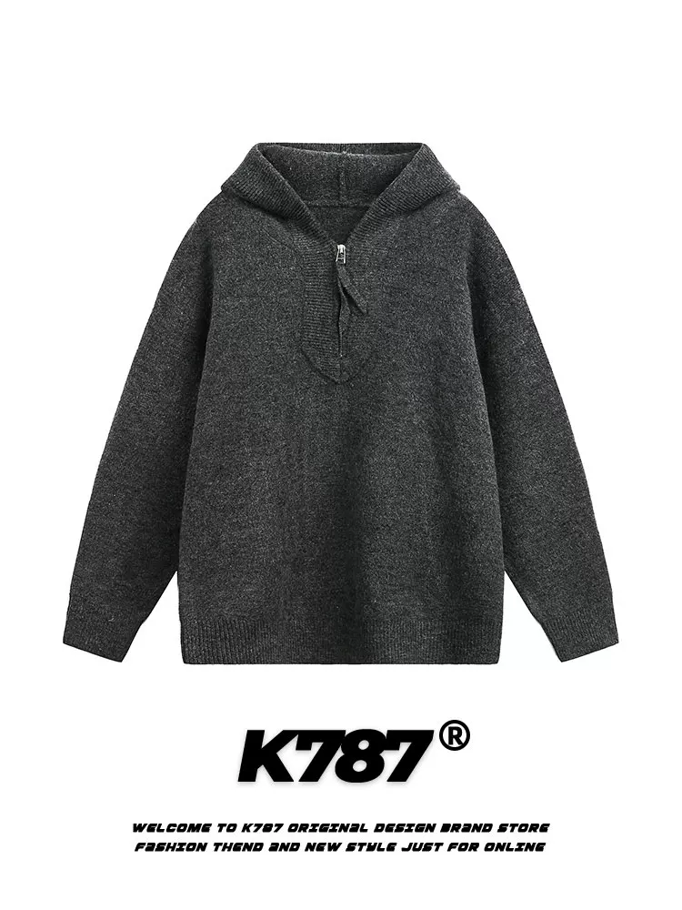 Áo len dệt kim có mũ nửa khóa kéo kiểu Mỹ cổ điển K787 dành cho nam và nữ, áo hoodie phong cách giản dị thoải mái mùa thu.