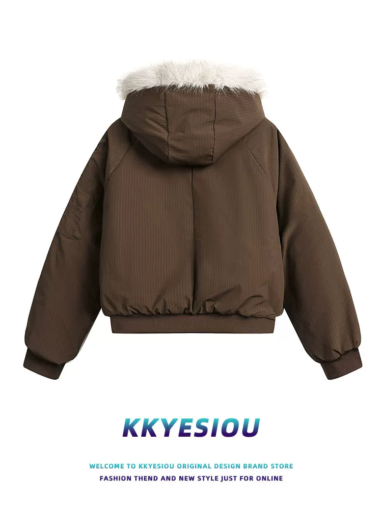 Áo khoác cotton ngắn dày dặn mùa đông kiểu Mỹ cổ điển K787 năm 2025, có cổ lông, dành cho nam và nữ, áo khoác cặp màu trơn phong cách Chanel
