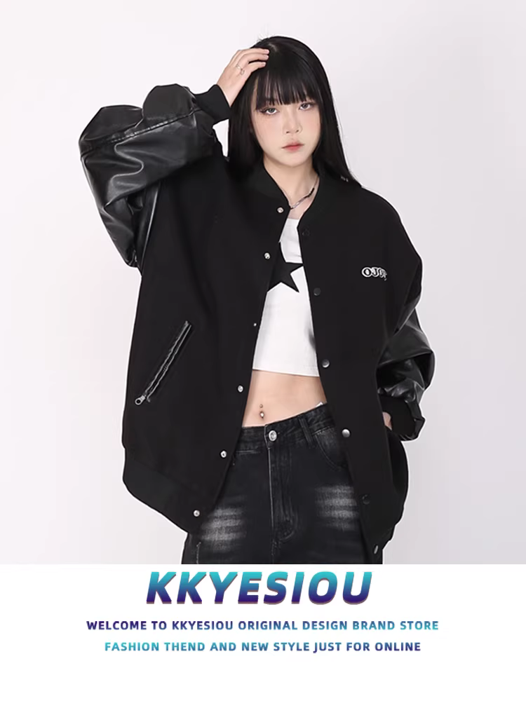 Áo khoác bóng chày phối chất liệu PU kiểu Mỹ cổ điển thời thượng của thương hiệu KKyesiou dành cho nam và nữ, áo khoác cặp đôi phong cách đường phố cổ điển