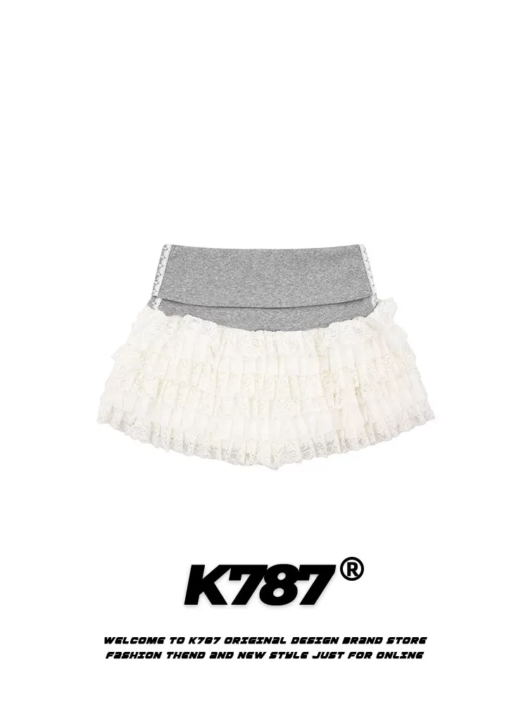 Váy bánh bèo xếp tầng ren phối chất liệu K787 phong cách đường phố Mỹ, cạp cao, chống lộ, dáng chữ A, ngắn, dành cho mùa hè
