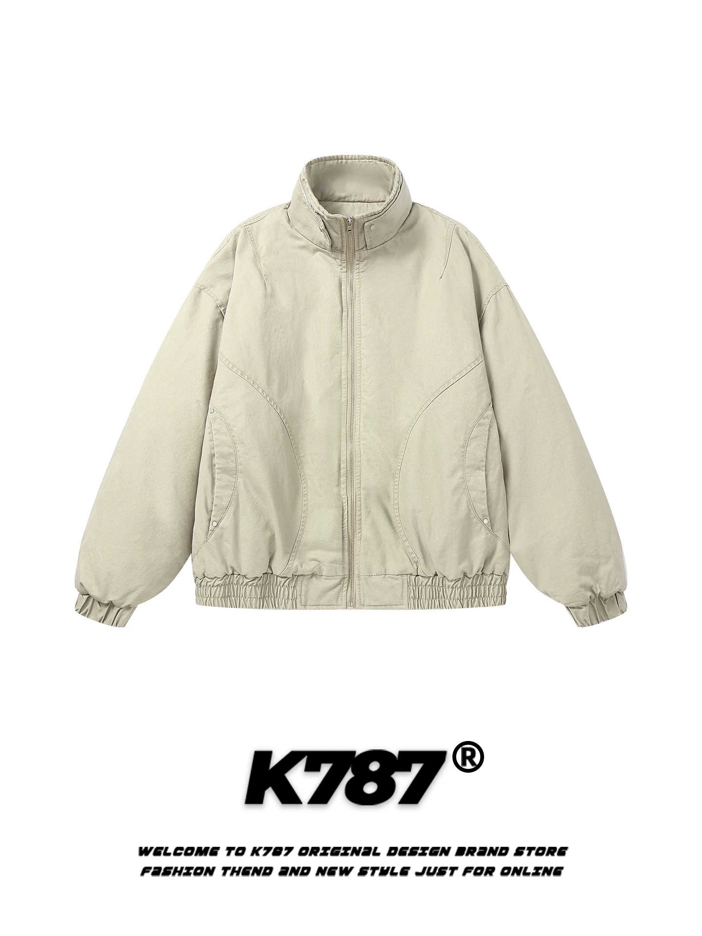 Áo khoác cotton cổ đứng kiểu retro Mỹ K787 dành cho nam và nữ, áo khoác cotton dày dặn có khóa kéo màu trơn được thiết kế đơn giản.