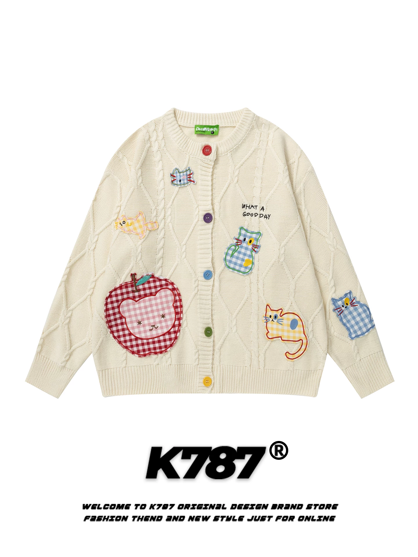 Áo len cardigan thêu hình quả táo cổ điển kiểu Mỹ K787 dành cho nam và nữ, kiểu dáng rộng rãi, thoải mái, phong cách lười biếng, chất liệu len ngắn cho mùa thu.