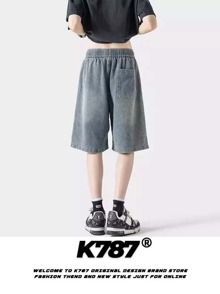 Quần short denim nam K787 kiểu Mỹ cổ điển, họa tiết bầu trời sao, phai màu, rách nhẹ, dáng thẳng, đa năng, dài ngang đùi.