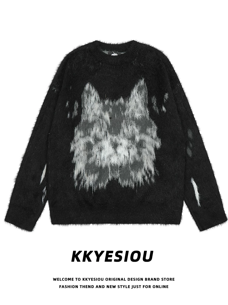Áo len cặp đôi thiết kế jacquard mèo thời thượng thương hiệu KKyesiou, phong cách unisex, retro Mỹ, chất liệu dệt kim trung tính, cá tính.