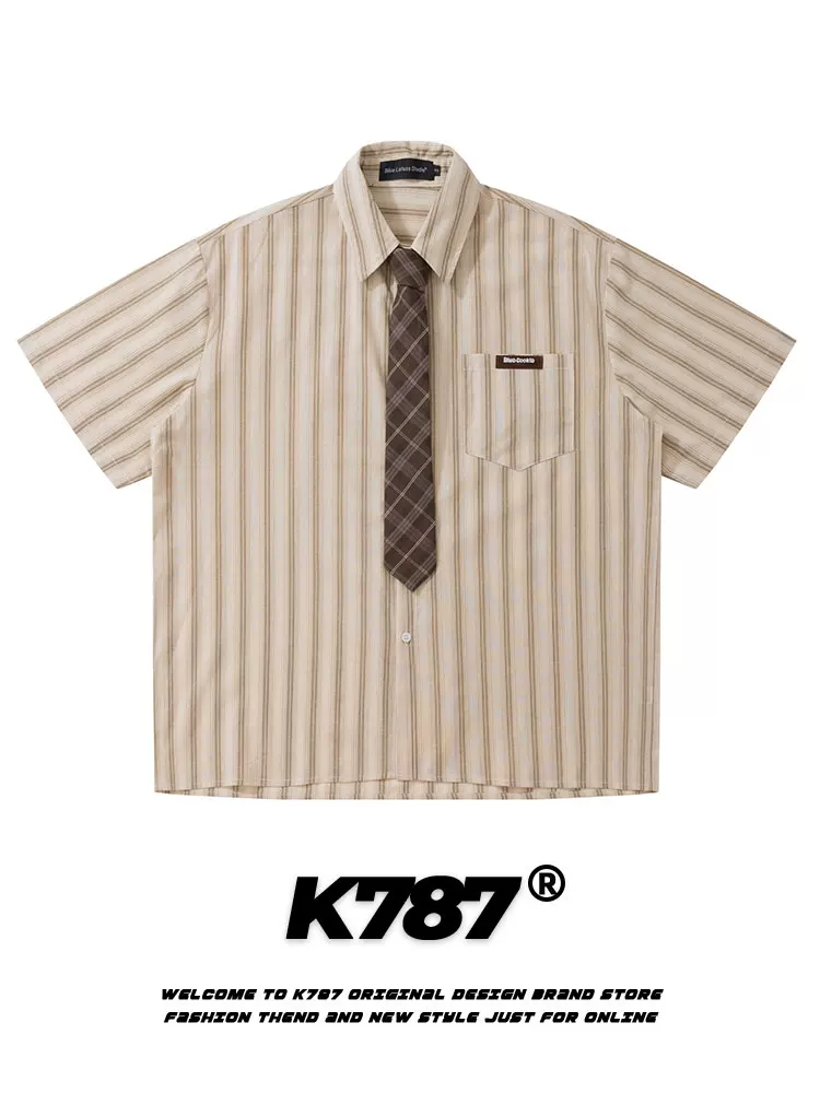 Áo sơ mi ngắn tay kẻ sọc phong cách retro Mỹ K787, unisex, đa năng, dáng rộng, kiểu áo công sở, mùa hè 2025, áo đôi