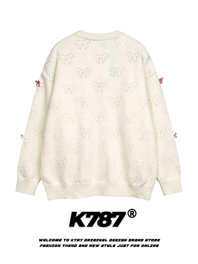 Áo cardigan dệt kim thêu nơ kiểu Mỹ cổ điển K787 dành cho nam và nữ, phong cách preppy mùa đông, áo khoác cặp đôi