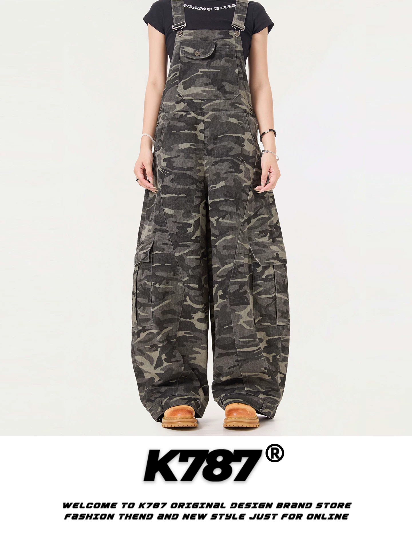 Quần yếm cargo kiểu Mỹ cổ điển K787, unisex, thiết kế phá cách, nhiều túi, dáng rộng, thời trang, xu hướng, quần ống rộng