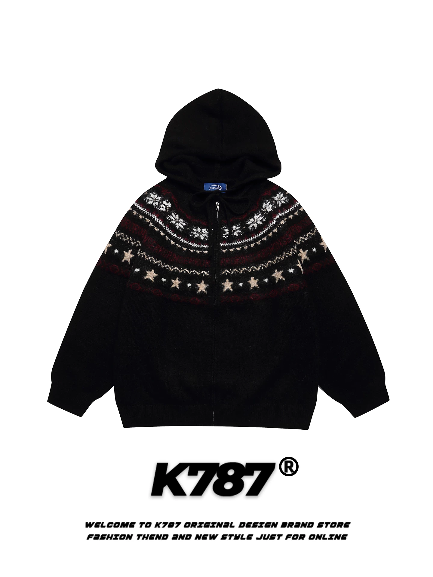 Áo len cardigan có mũ trùm đầu kiểu Mỹ cổ điển K787, họa tiết Fair Isle dệt jacquard, dành cho nam và nữ, kiểu dáng rộng rãi, thoải mái, thích hợp đi làm.