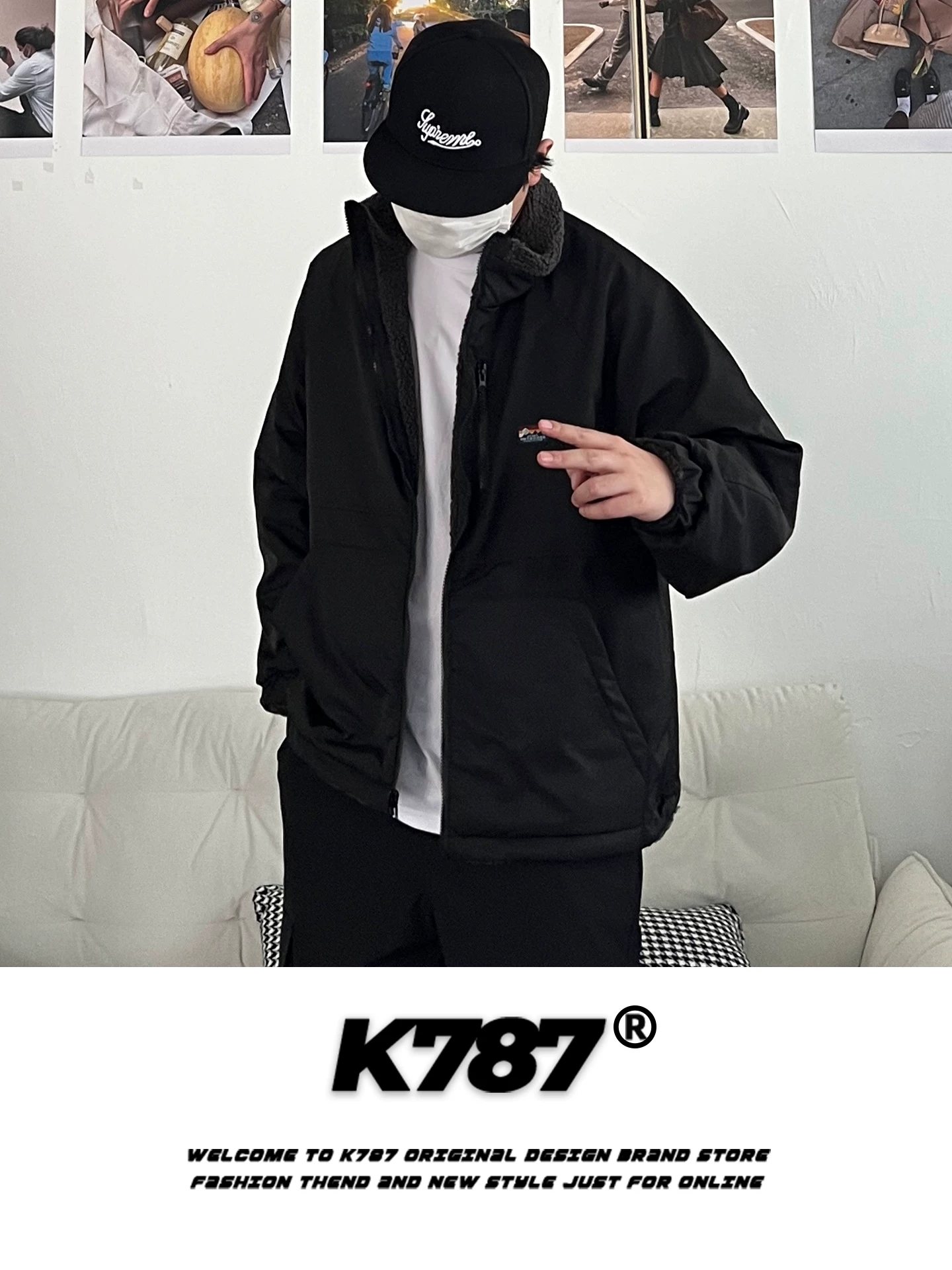 Áo khoác cotton cổ đứng phối vải len cừu kiểu Mỹ cổ điển K787 dành cho nam và nữ, dáng rộng, lót lông cừu, áo khoác cotton ấm áp dành cho cặp đôi.