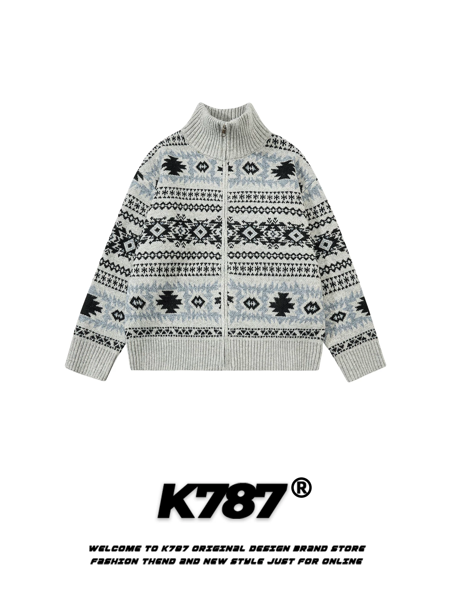 Áo len cardigan jacquard kiểu Mỹ cổ điển K787 dành cho nam và nữ, thương hiệu thời thượng, dáng rộng, ấm áp, áo len cổ đứng dành cho cặp đôi