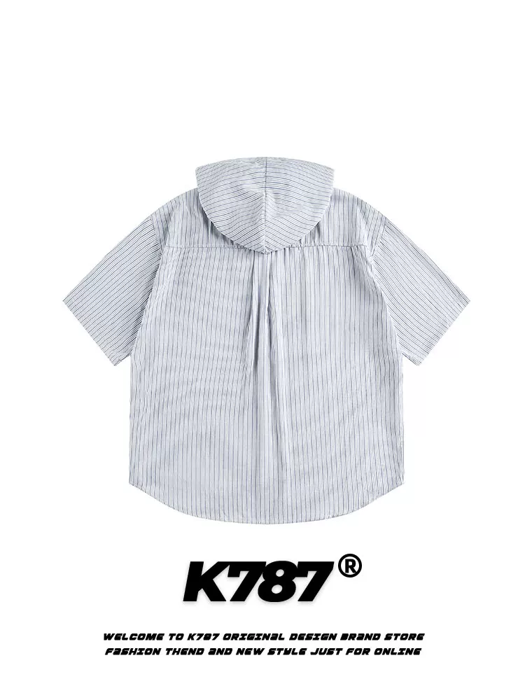 K787 Áo sơ mi ngắn tay có mũ trùm đầu phong cách đường phố Mỹ unisex phong cách đường phố đại học đa năng áo khoác cardigan thông thường mùa hè