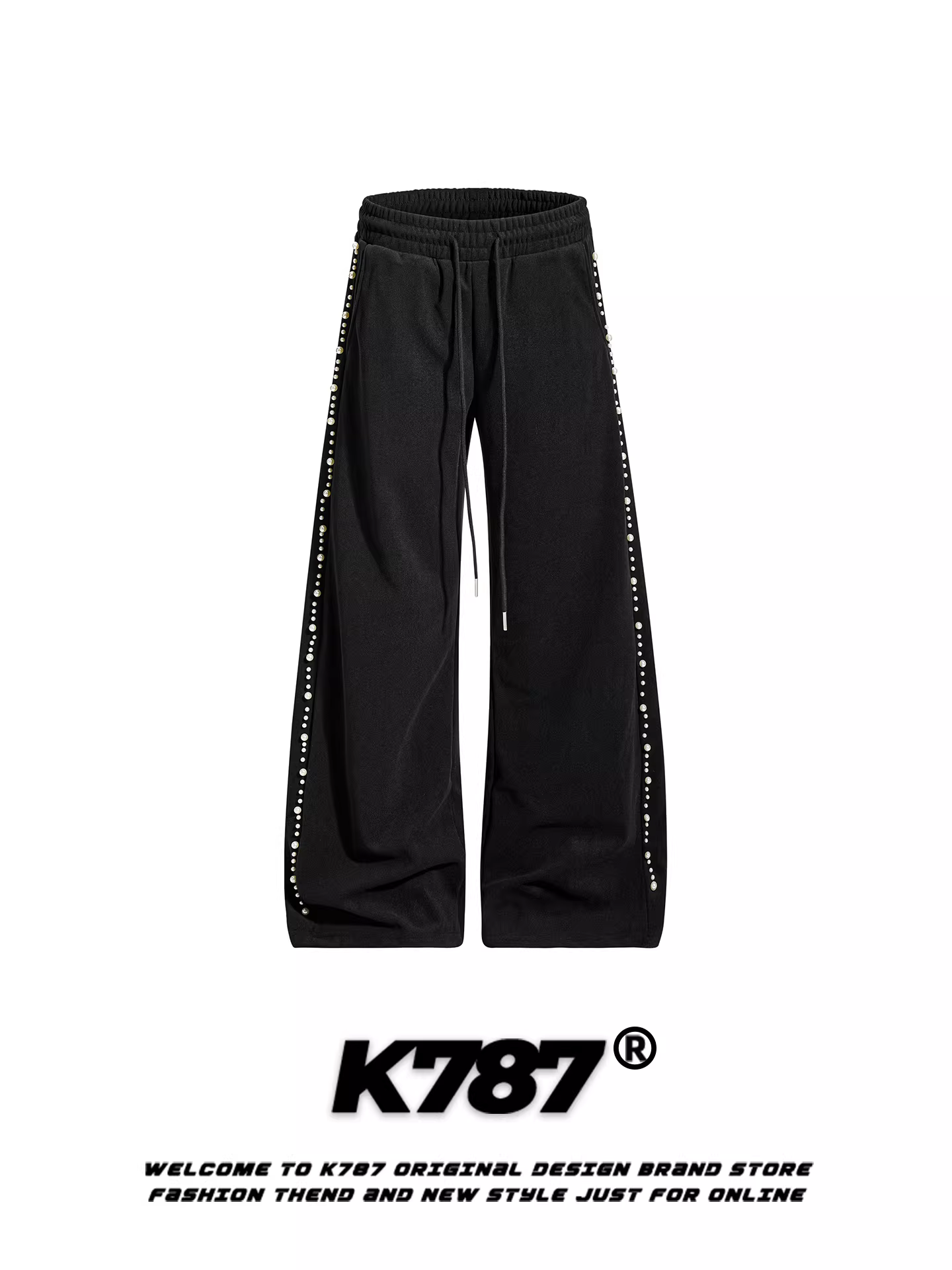 Quần ống rộng dáng dài K787 phong cách đường phố Mỹ, có dây rút và hạt trang trí, dành cho nam và nữ, kiểu dáng rộng rãi, thoải mái, tôn dáng.