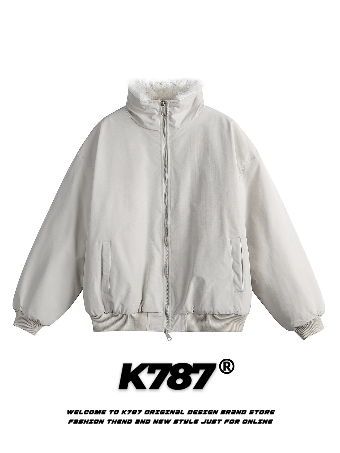 Áo khoác cotton cổ đứng dày dặn kiểu Mỹ cổ điển K787 dành cho nam và nữ, thiết kế màu trơn, dáng rộng, áo khoác cotton đôi.
