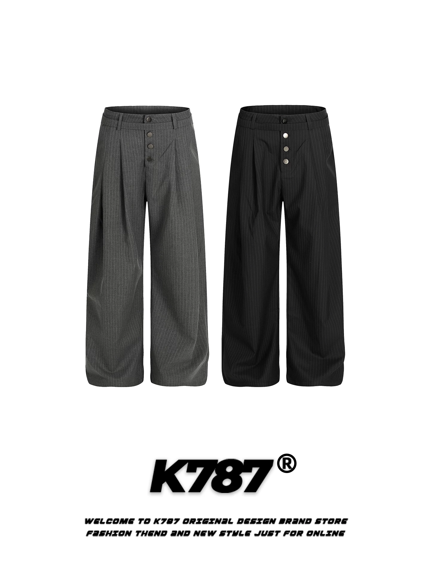 Quần dài suông rộng kiểu Mỹ cổ điển kẻ sọc K787, unisex, lưng cao, dáng thẳng, rộng thùng thình