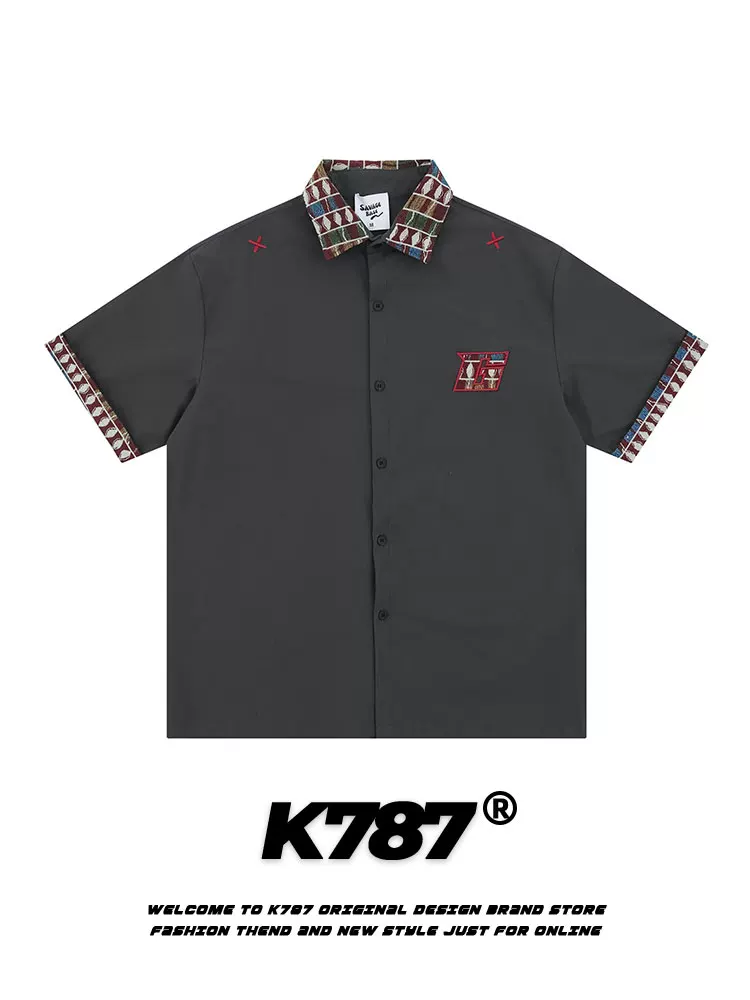 Áo sơ mi ngắn tay thêu cổ điển kiểu Mỹ K787 dành cho nam và nữ, áo cardigan nửa tay phong cách dân tộc đường phố, kiểu ghép mảnh, mặc mùa hè