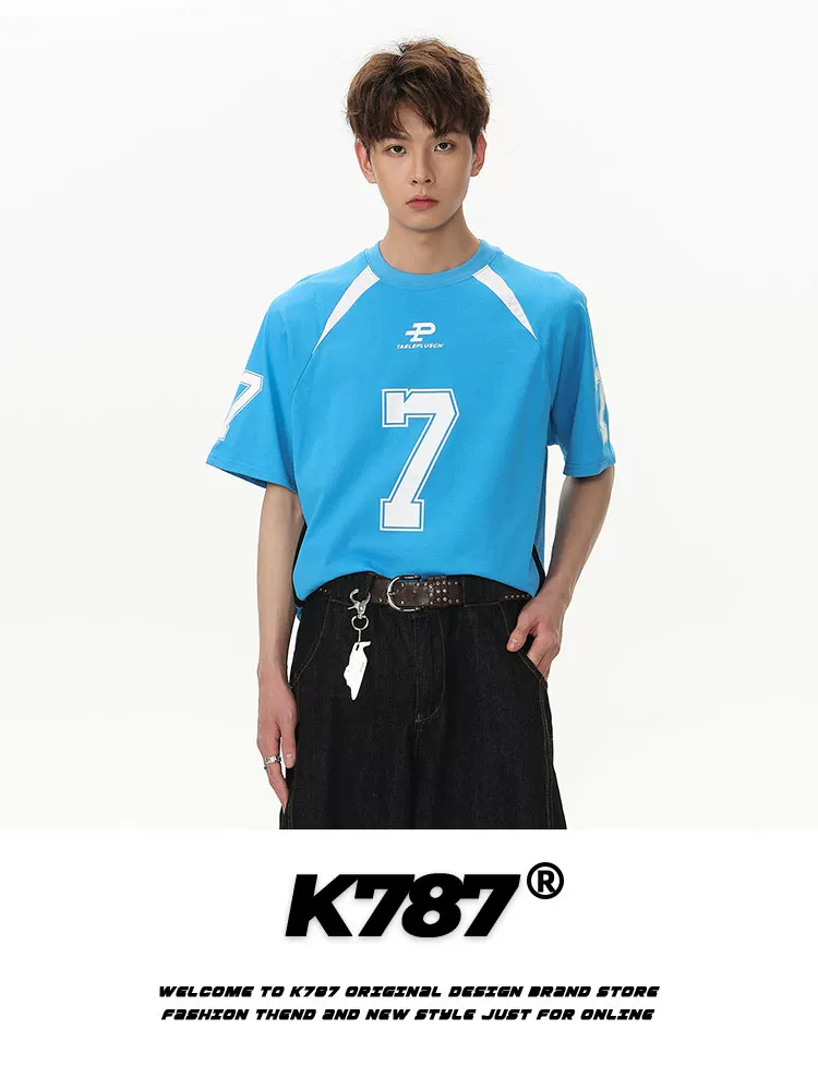 K787 Áo thun ngắn tay phong cách retro đường phố Mỹ phối màu unisex, kiểu dáng rộng rãi, in họa tiết, dành cho cặp đôi, tay lửng