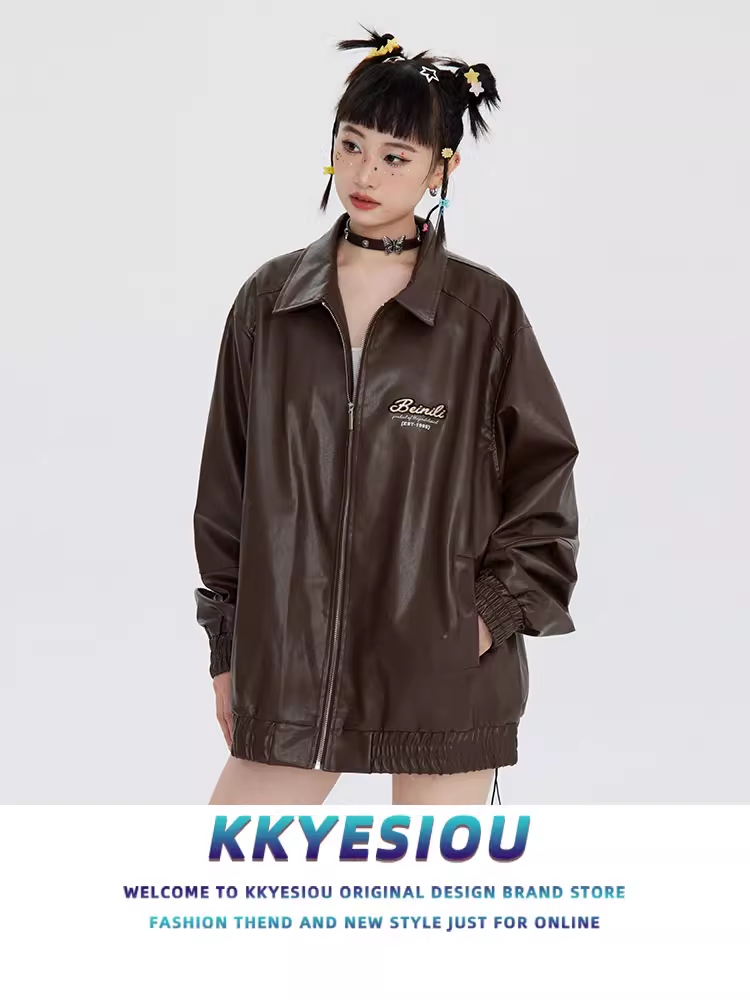 Áo khoác da cơ bản nhiều màu theo phong cách Mỹ của KKyesiou dành cho nam và nữ áo khoác bóng chày cỡ lớn theo phong cách retro dành cho cặp đôi