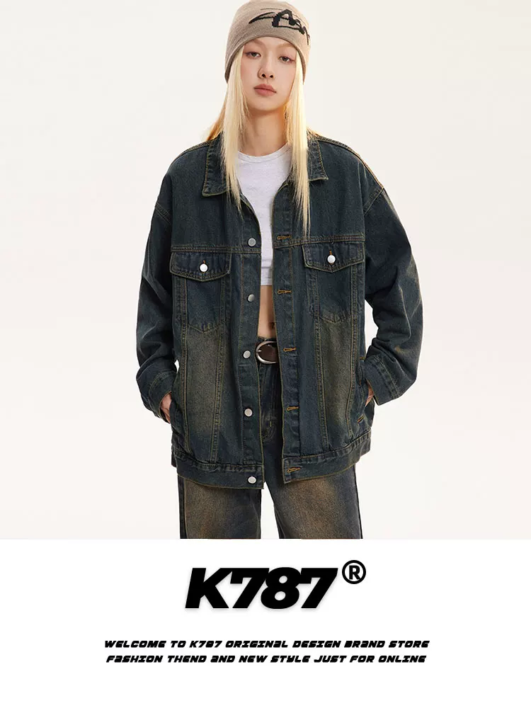 K787 Áo khoác denim màu sáng theo phong cách Mỹ, có màu vàng đất, áo khoác bóng chày kiểu cổ điển dành cho cặp đôi theo phong cách đại học
