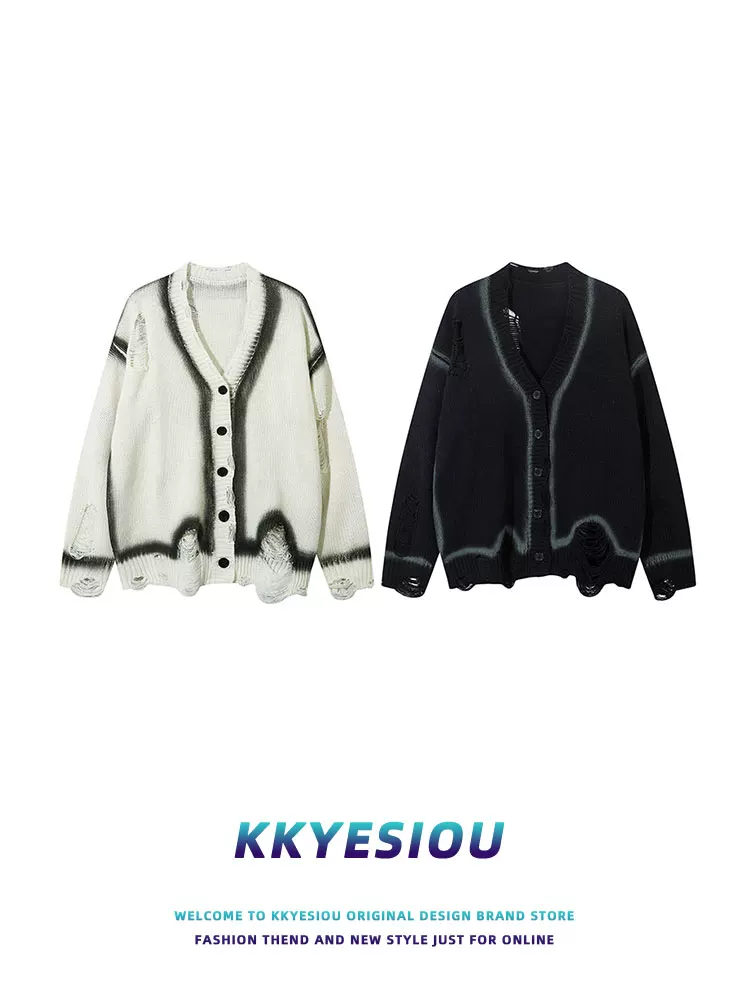 Áo khoác cardigan dệt kim phong cách retro Mỹ, kiểu dáng thời thượng, được phun sơn tạo hiệu ứng cũ kỹ, unisex, phong cách sinh viên, áo khoác cặp đôi.