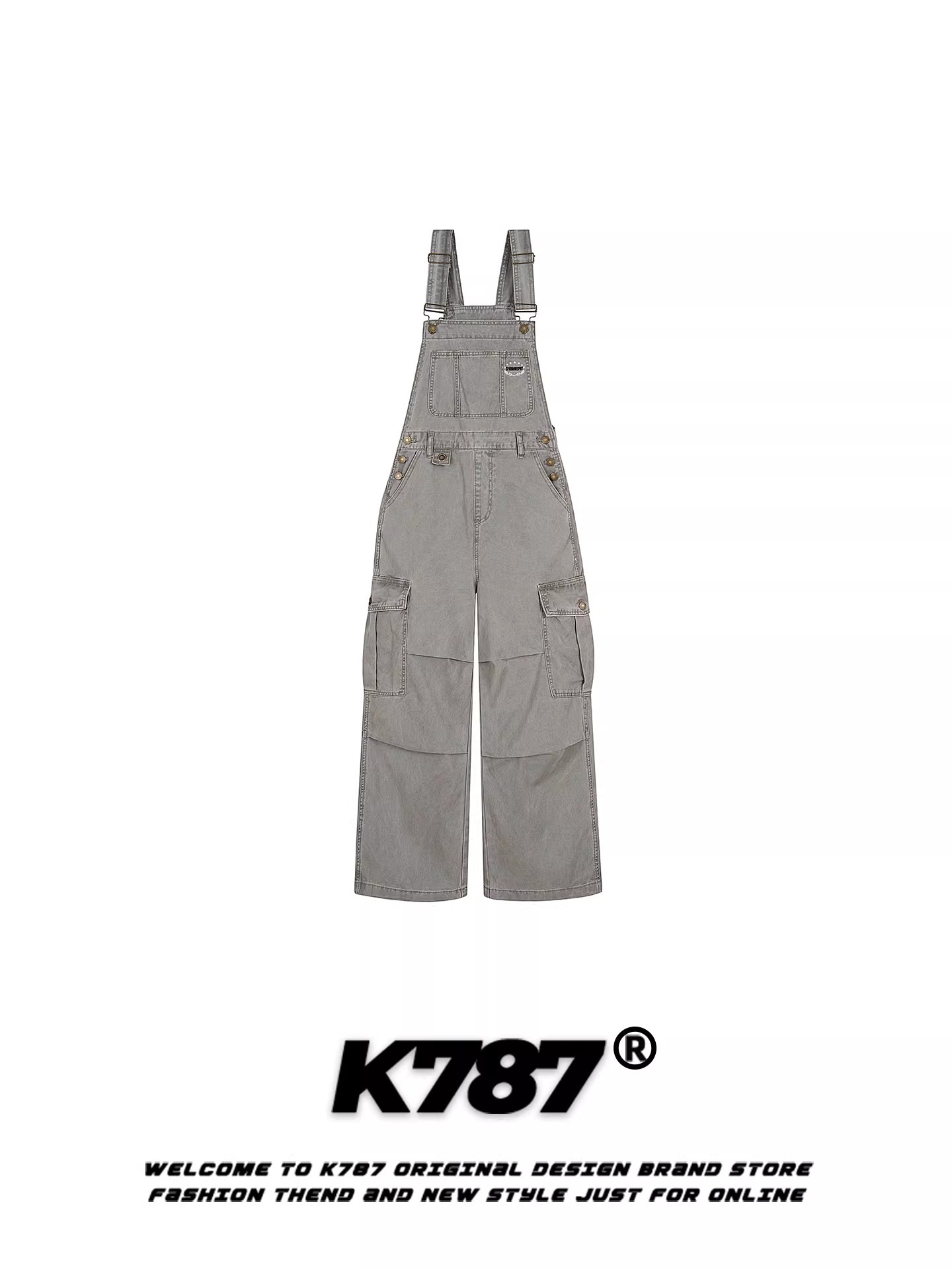 Quần yếm đa túi kiểu Mỹ cổ điển K787 dành cho nam và nữ, thiết kế rộng rãi, quần ống rộng dài chấm đất, kiểu dáng đơn giản.