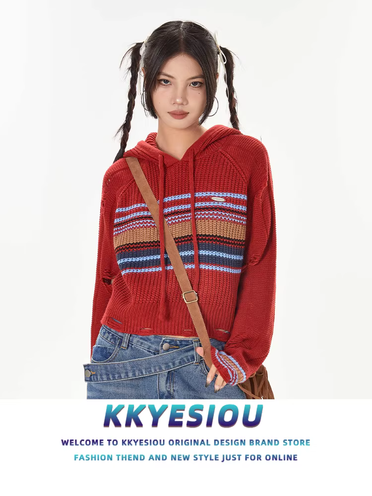 Áo len cặp đôi phong cách retro preppy Mỹ, áo hoodie dệt kim kẻ sọc đỏ dành cho nam và nữ