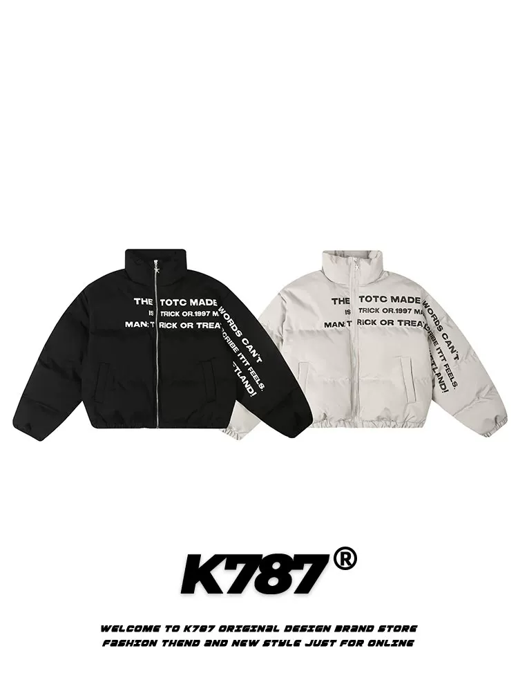 Áo khoác cotton ngắn dày có đệm in chữ cổ điển kiểu Mỹ K787 dành cho nam và nữ, áo khoác cotton kiểu dáng chức năng dành cho cặp đôi.