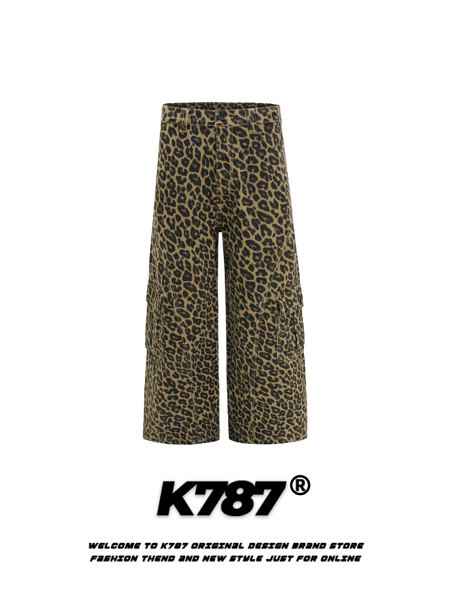 Quần cargo họa tiết da báo retro Mỹ K787 dành cho nam và nữ, quần ống rộng dáng thẳng, cạp cao, tôn dáng, phong cách đường phố